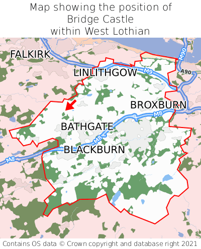 Map showing location of Bridge Castle within West Lothian