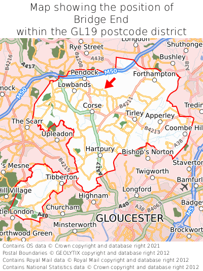 Map showing location of Bridge End within GL19