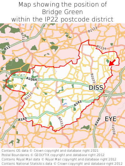 Map showing location of Bridge Green within IP22