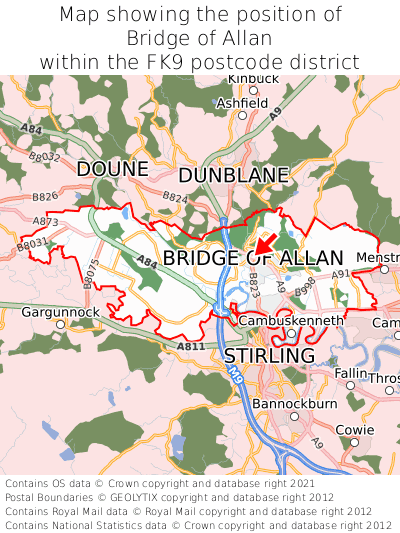 Map showing location of Bridge of Allan within FK9
