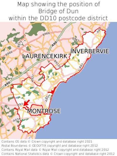 Map showing location of Bridge of Dun within DD10