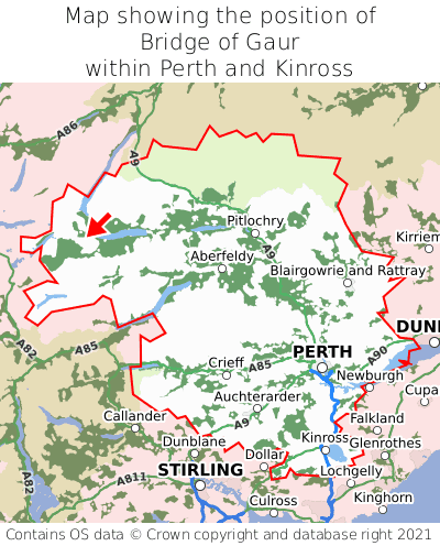 Map showing location of Bridge of Gaur within Perth and Kinross