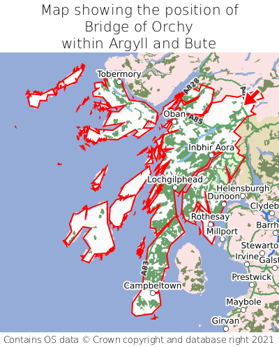 Map showing location of Bridge of Orchy within Argyll and Bute