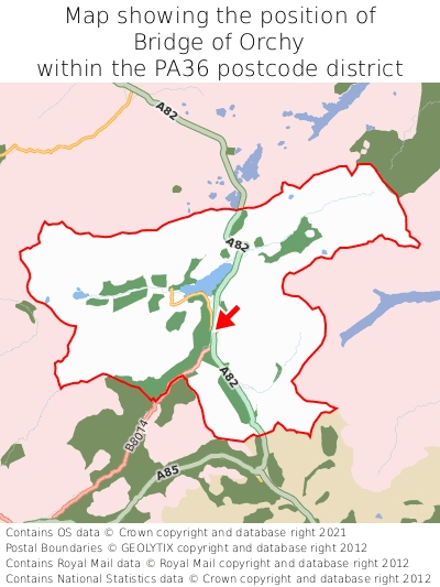 Map showing location of Bridge of Orchy within PA36