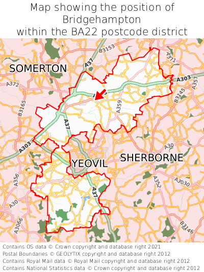 Map showing location of Bridgehampton within BA22