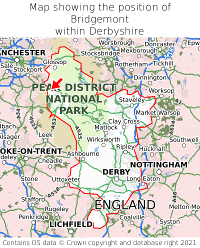 Map showing location of Bridgemont within Derbyshire