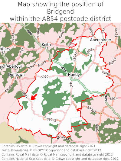 Map showing location of Bridgend within AB54