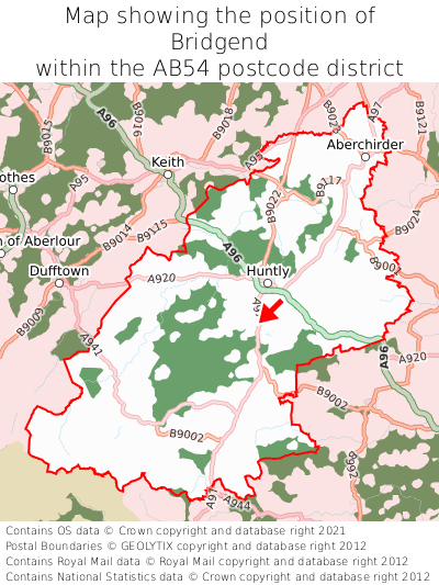Map showing location of Bridgend within AB54