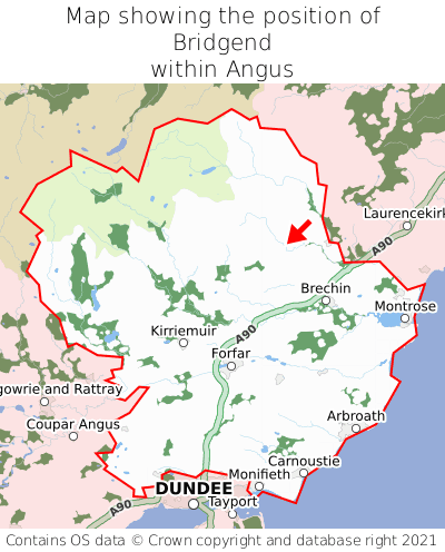 Map showing location of Bridgend within Angus