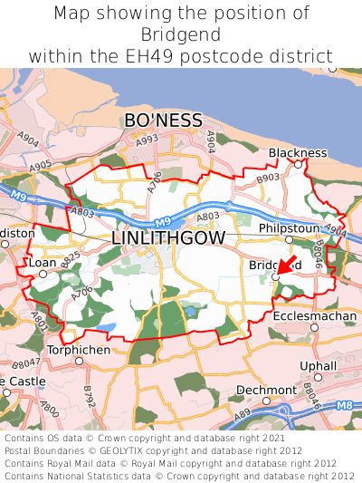 Map showing location of Bridgend within EH49