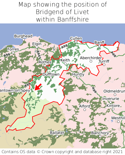 Map showing location of Bridgend of Livet within Banffshire