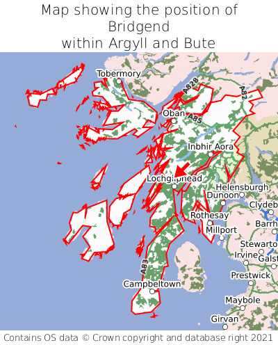 Map showing location of Bridgend within Argyll and Bute