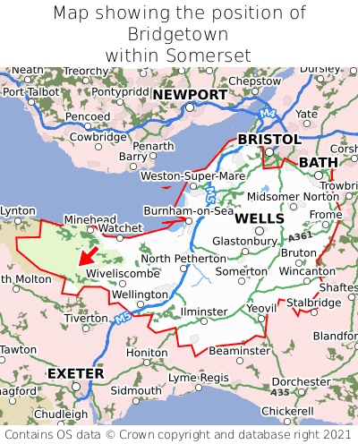 Map showing location of Bridgetown within Somerset