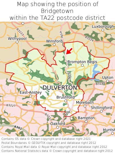 Map showing location of Bridgetown within TA22