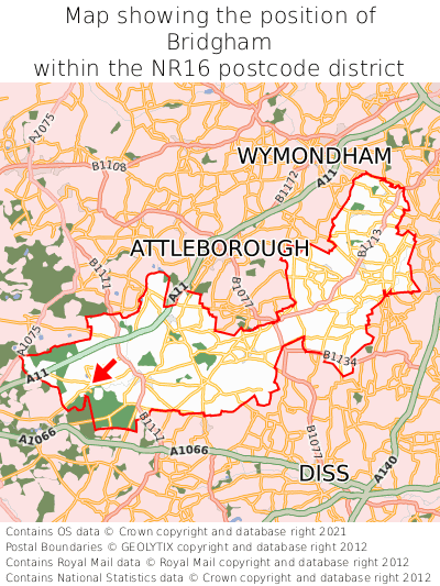 Map showing location of Bridgham within NR16