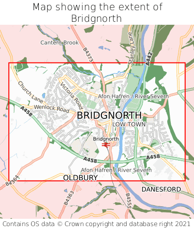 Map showing extent of Bridgnorth as bounding box