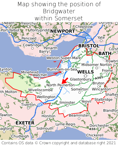 Map showing location of Bridgwater within Somerset