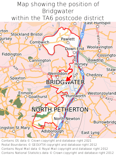 Map showing location of Bridgwater within TA6