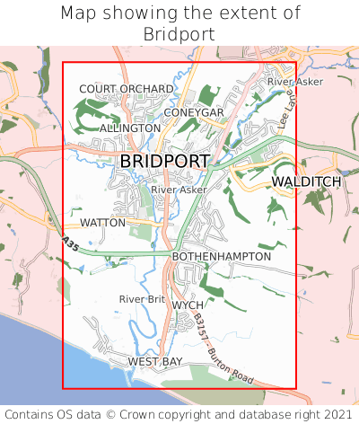 Map showing extent of Bridport as bounding box