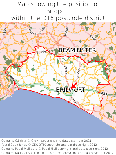 Map showing location of Bridport within DT6
