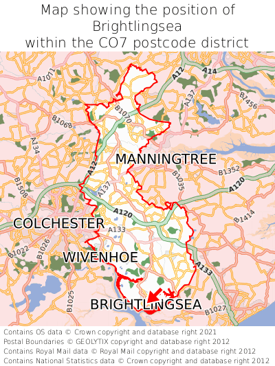 Map showing location of Brightlingsea within CO7
