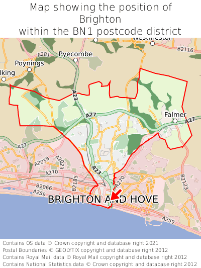 Map showing location of Brighton within BN1