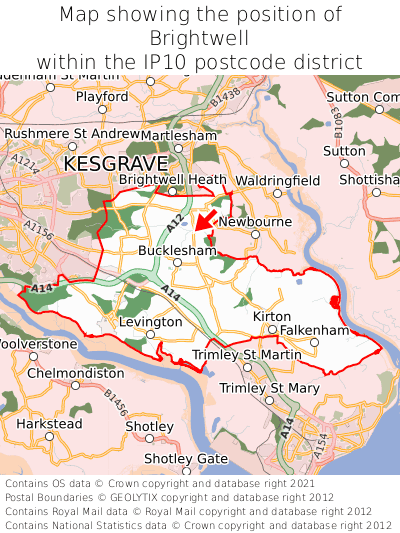 Map showing location of Brightwell within IP10