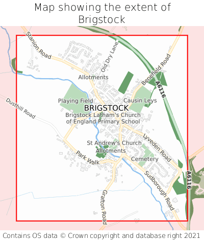 Map showing extent of Brigstock as bounding box