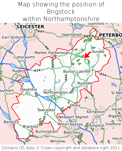 Map showing location of Brigstock within Northamptonshire