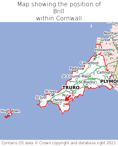 Map showing location of Brill within Cornwall