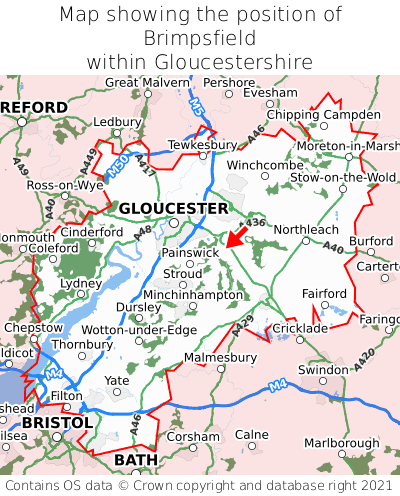 Map showing location of Brimpsfield within Gloucestershire