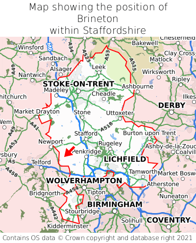 Map showing location of Brineton within Staffordshire