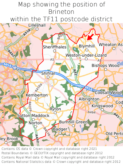 Map showing location of Brineton within TF11