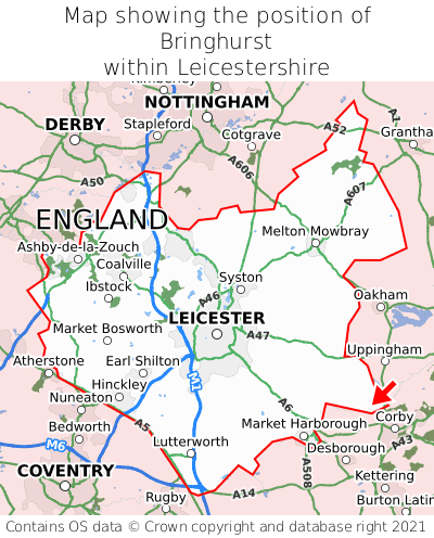 Map showing location of Bringhurst within Leicestershire