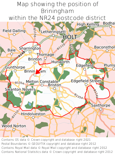 Map showing location of Briningham within NR24