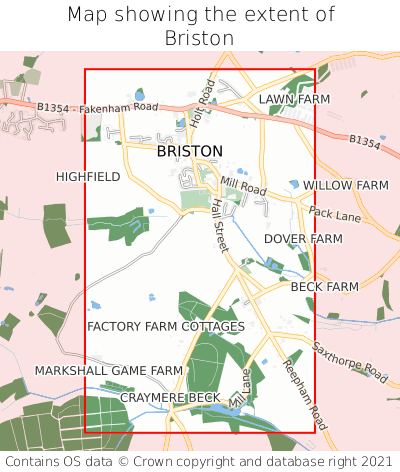 Map showing extent of Briston as bounding box