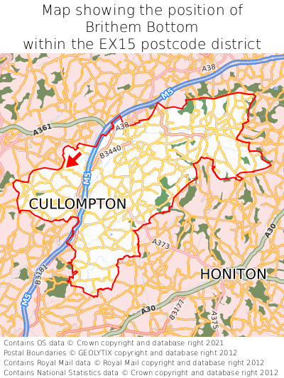 Map showing location of Brithem Bottom within EX15