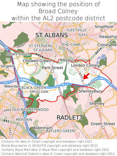 Map showing location of Broad Colney within AL2