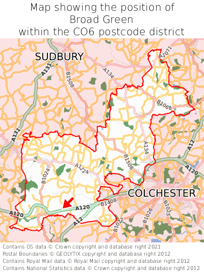 Map showing location of Broad Green within CO6