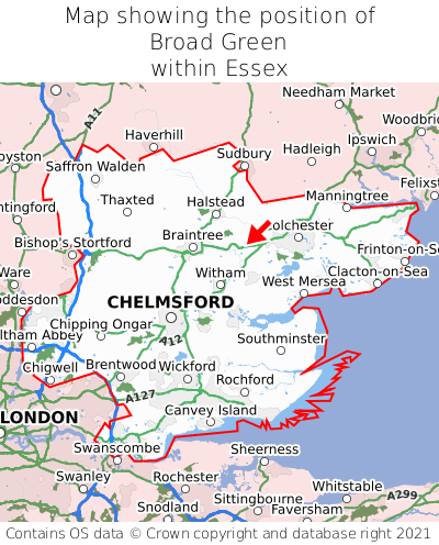 Map showing location of Broad Green within Essex