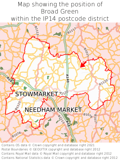 Map showing location of Broad Green within IP14
