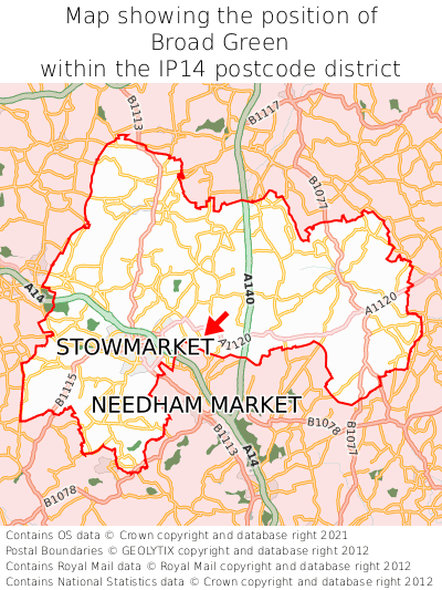 Map showing location of Broad Green within IP14