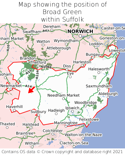 Map showing location of Broad Green within Suffolk