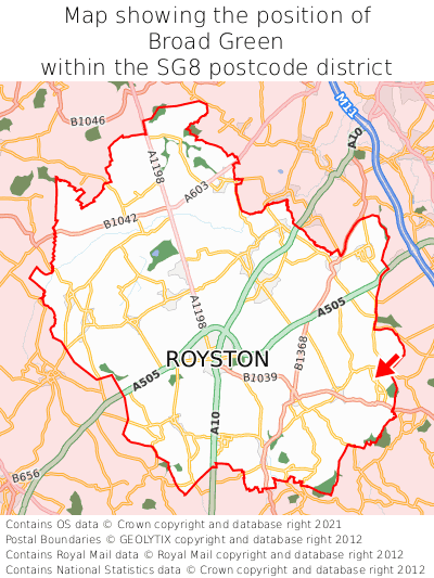 Map showing location of Broad Green within SG8