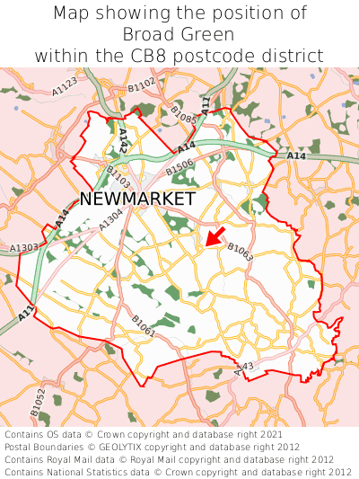Map showing location of Broad Green within CB8