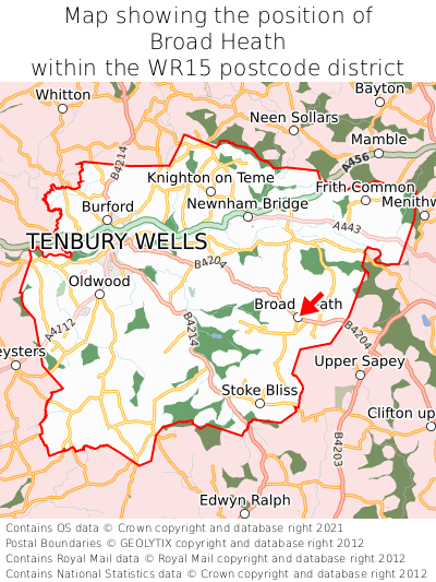 Map showing location of Broad Heath within WR15