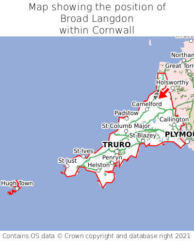 Map showing location of Broad Langdon within Cornwall