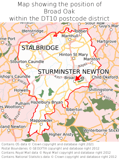 Map showing location of Broad Oak within DT10