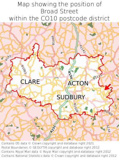 Map showing location of Broad Street within CO10