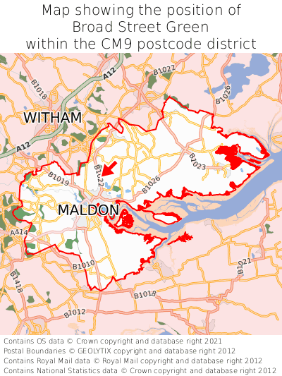 Map showing location of Broad Street Green within CM9